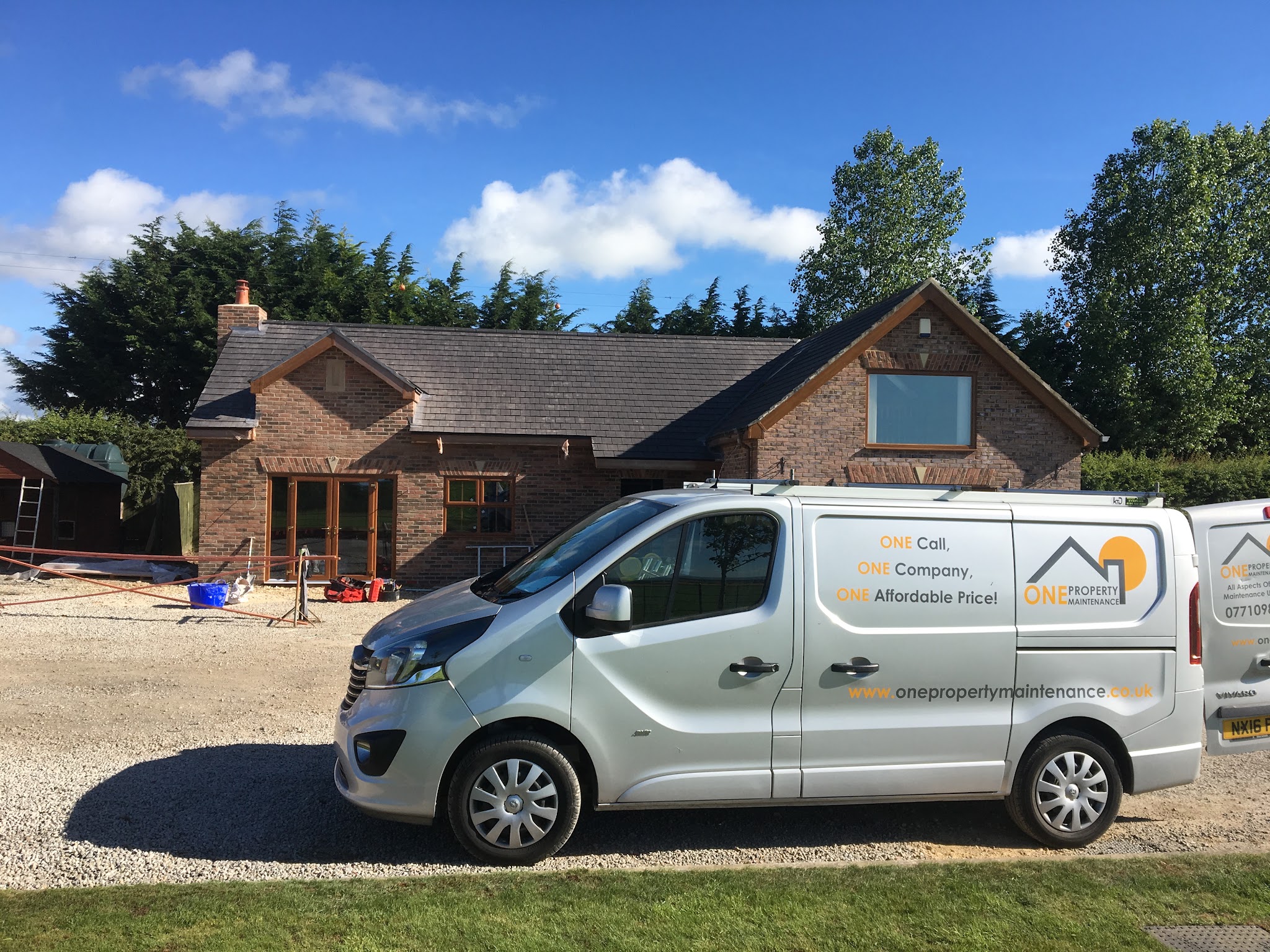 The One Property Maintenance van on site, branded One Call, One Company, Affordable Prices